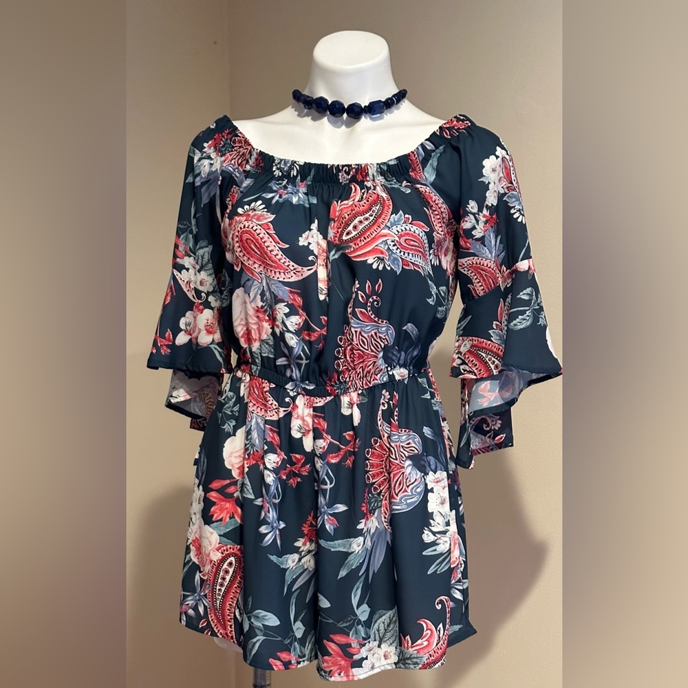 Cherish Blues Pinks Floral Print Short Romper Bell Sleeves Cold Shoulder…